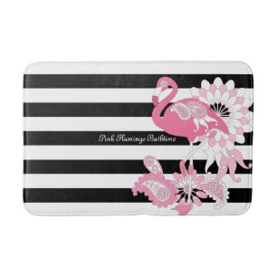 Whimsical Pink Flamingo Black and White Striped Bath Mat
