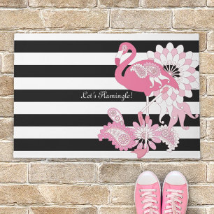 Whimsical Pink Flamingo Black and White Striped Doormat