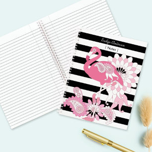 Whimsical Pink Flamingo Black and White Striped Notebook