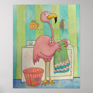 Whimsical Pink Flamingo Does Laundry Cute Poster