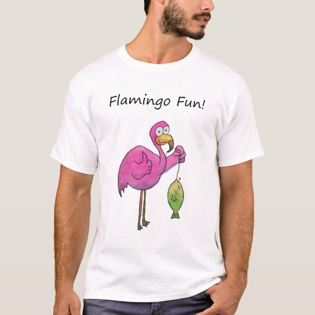 Whimsical Pink Flamingo Fishing Good Catch T-Shirt (Front)