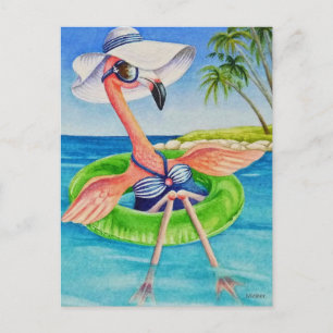 Whimsical Pink Flamingo No. 3 Watercolor Art Postcard