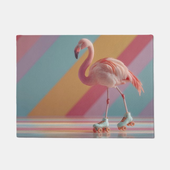 Whimsical Pink Flamingo on Roller Skates Doormat (Front)