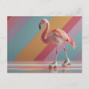 Whimsical Pink Flamingo on Roller Skates Postcard