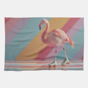 Whimsical Pink Flamingo on Roller Skates Tea Towel