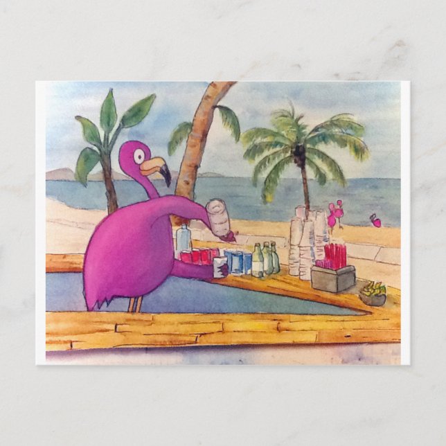 Whimsical Pink Flamingo Pours Party Drinks Beach Postcard (Front)