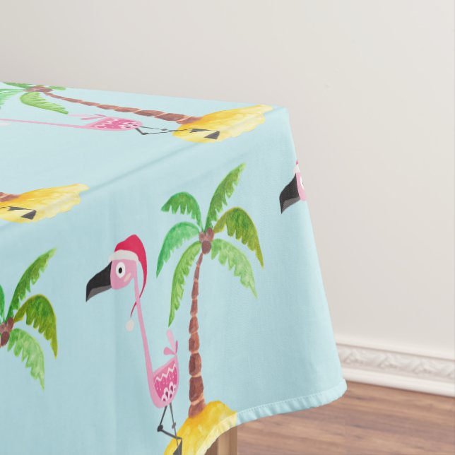 Whimsical Pink Flamingo Tropical Christmas Pattern Tablecloth (In Situ)