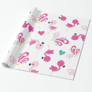 Whimsical Pink Flamingos and Hearts Wrapping Paper
