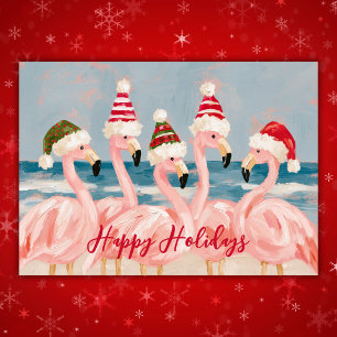 Whimsical Pink Flamingos in Santa Hats Christmas Holiday Card