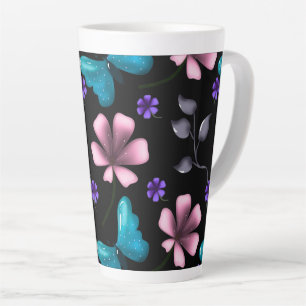 Whimsical Pink Floral and Blue Butterfly Seamless  Latte Mug