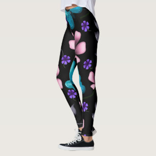 Whimsical Pink Floral and Blue Butterfly Seamless Leggings