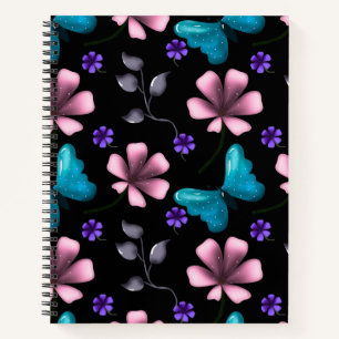 Whimsical Pink Floral and Blue Butterfly Seamless Notebook