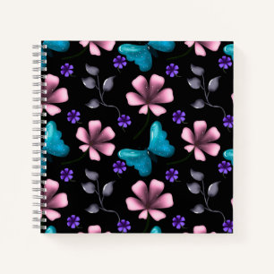 Whimsical Pink Floral and Blue Butterfly Seamless Notebook