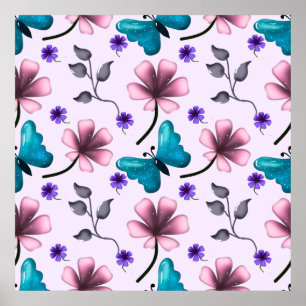 Whimsical Pink Floral and Blue Butterfly Seamless Poster