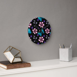 Whimsical Pink Floral and Blue Butterfly Seamless Round Clock