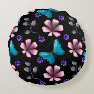 Whimsical Pink Floral and Blue Butterfly Seamless  Round Cushion