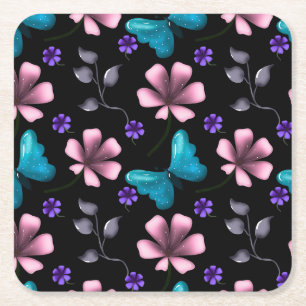 Whimsical Pink Floral and Blue Butterfly Seamless Square Paper Coaster