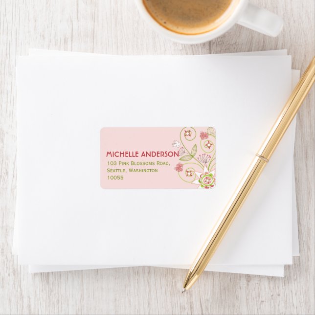 Whimsical Pink Floral Blooms Baby Shower Address Label (Insitu)
