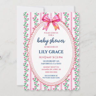 Whimsical Pink Floral & Bow Baby Shower Invitation