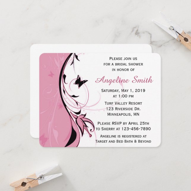 Whimsical Pink Floral Butterfly Bridal Shower Invitation (Front/Back In Situ)