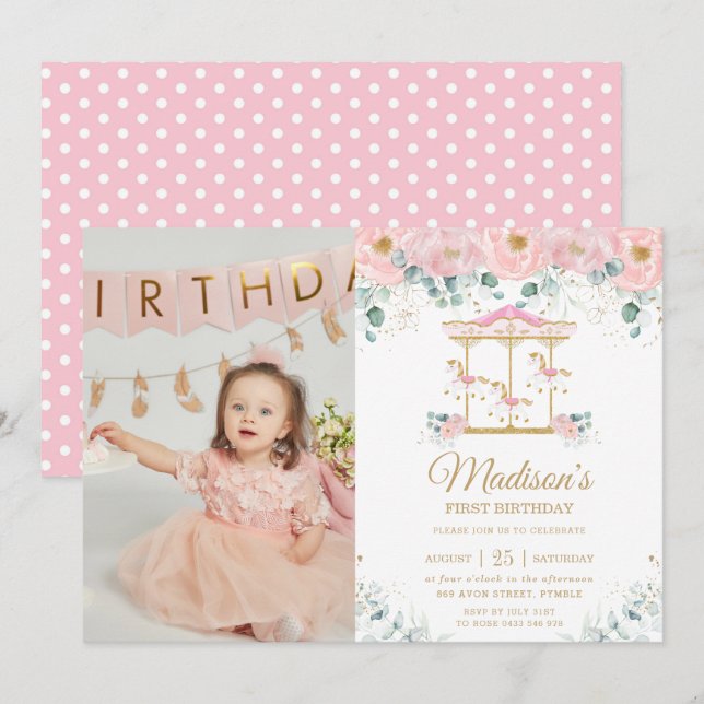 Whimsical Pink Floral Carousel 1st Birthday Photo Invitation (Front/Back)