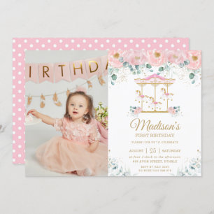 Whimsical Pink Floral Carousel 1st Birthday Photo Invitation