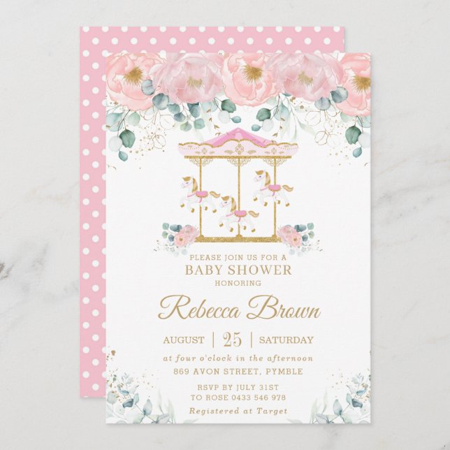 Whimsical Pink Floral Carousel Girl Baby Shower Invitation (Front/Back)