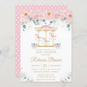 Whimsical Pink Floral Carousel Girl Baby Shower Invitation