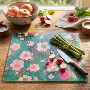 Whimsical Pink Floral Decorative Glass Cutting Board