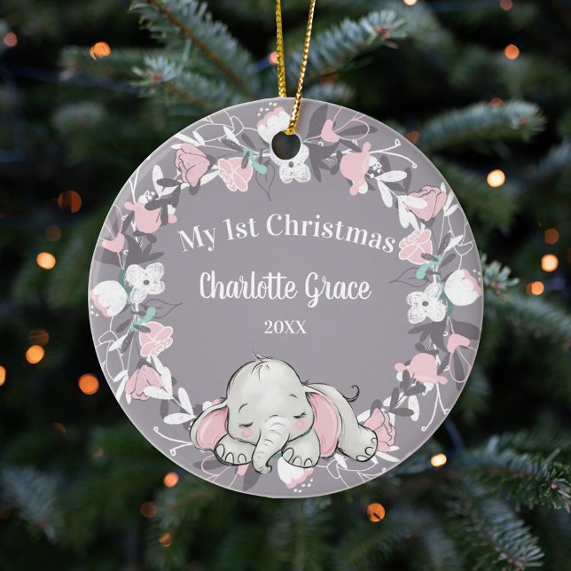 Whimsical Pink Floral Elephant Girl 1st Christmas Ceramic Ornament (Creator Uploaded)