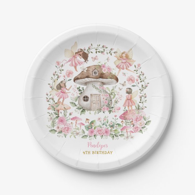 Whimsical Pink Floral Fairy Tea Party Birthday Paper Plate (Front)