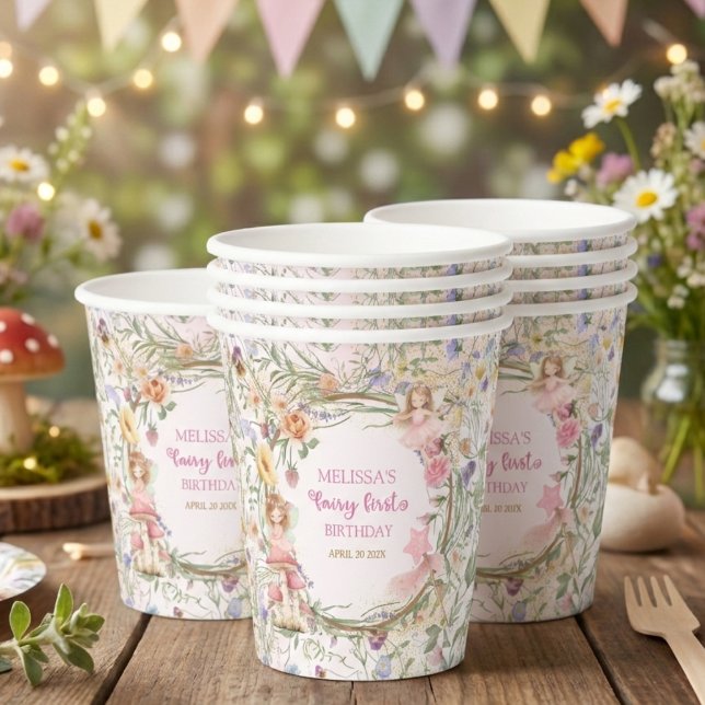 Whimsical Pink Floral Garden Fairy First Birthday Paper Cups (Creator Uploaded)