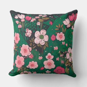 Whimsical Pink Floral Garden Throw Pillow