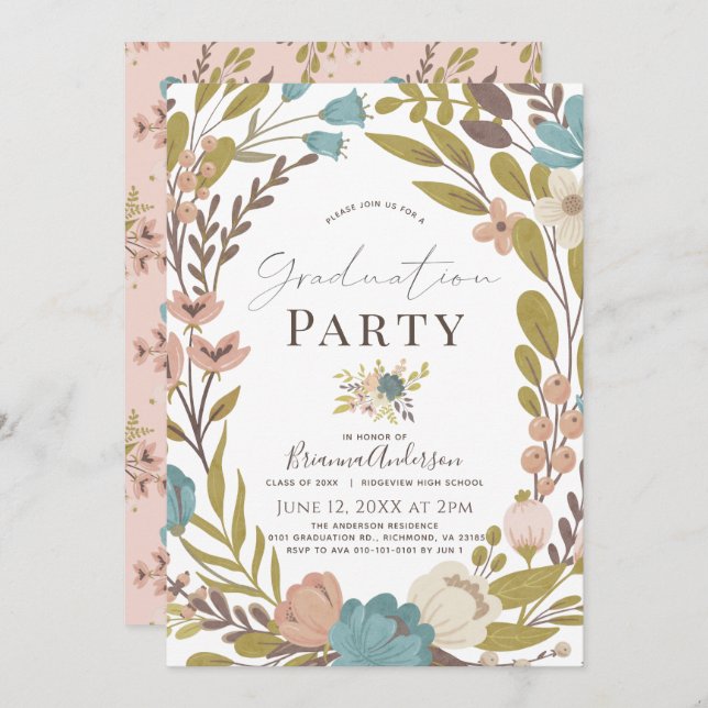 Whimsical Pink Floral Graduation Invitation (Front/Back)