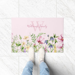 Whimsical Pink Floral Monogram Doormat