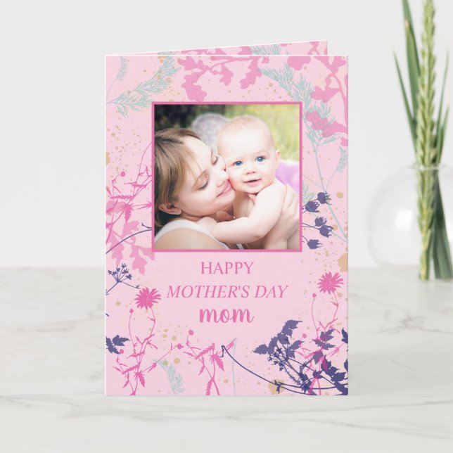 Whimsical Pink Floral Mother's Day Holiday Card (Front)