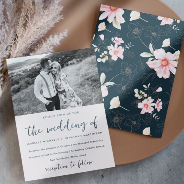 Whimsical Pink Floral Photo Wedding Blue Invitation (This whimsical blue floral wedding invitation includes one photo and pretty script with pink flowers)