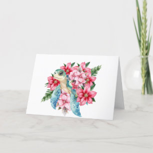 Whimsical Pink Florals & Sea Turtle Note Card