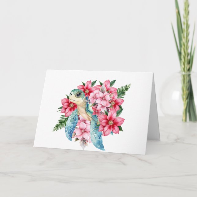 Whimsical Pink Florals & Sea Turtle Note Card (Front)