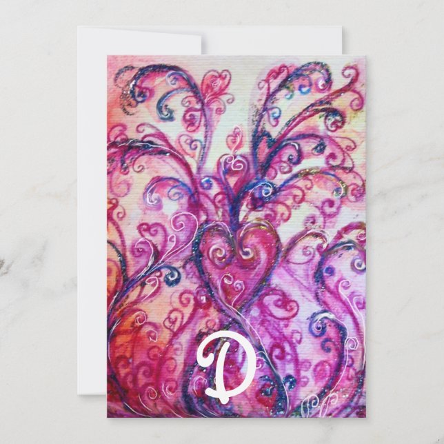 WHIMSICAL PINK FLOURISHES HEART FLORAL MONOGRAM INVITATION (Front)