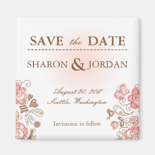 Whimsical pink flowers and birds save the date magnet