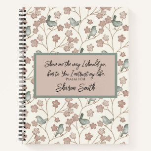 Whimsical Pink Flowers and Green Birds Pattern Notebook