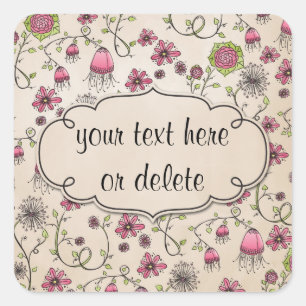 whimsical pink flowers on beige square sticker