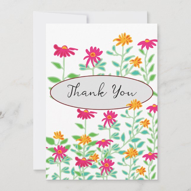 Whimsical Pink Flowers Thank You Cards (Front)