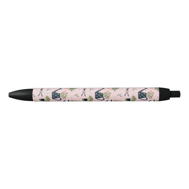 Whimsical Pink Gardening Printed Pattern Black Ink Pen (Front)
