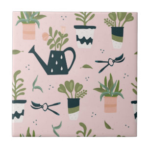 Whimsical Pink Gardening Printed Pattern Ceramic Tile