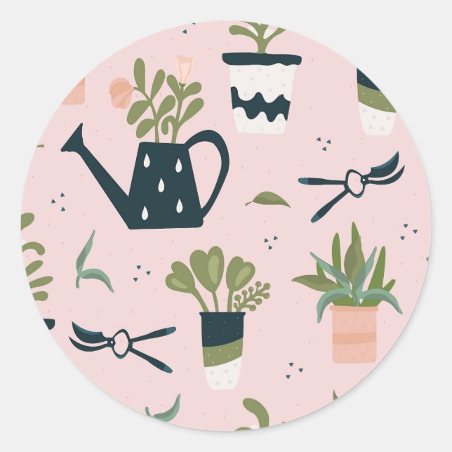 Whimsical Pink Gardening Printed Pattern Classic Round Sticker (Front)