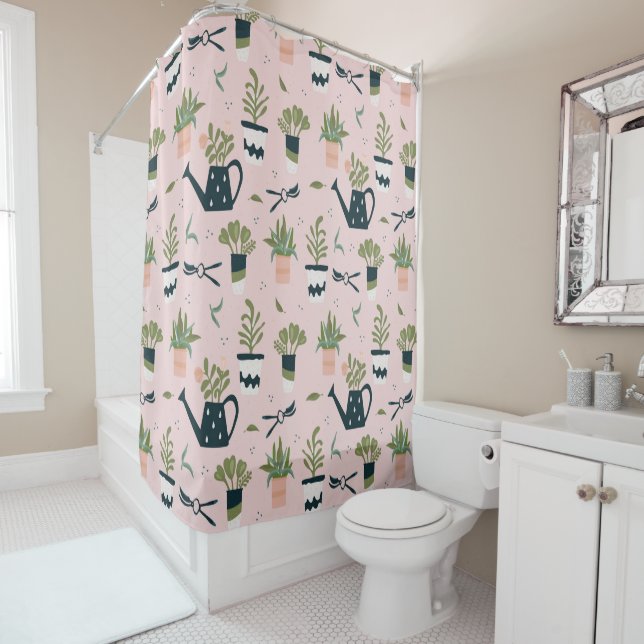 Whimsical Pink Gardening Printed Pattern Shower Curtain (In Situ)