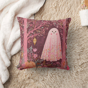 Whimsical Pink Ghost in Enchanted Floral Forest Cushion