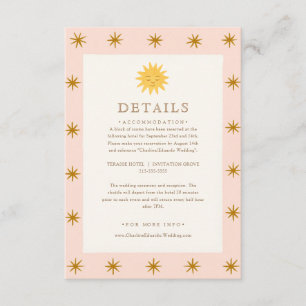 Whimsical Pink & Gold Sun Wedding Details Card